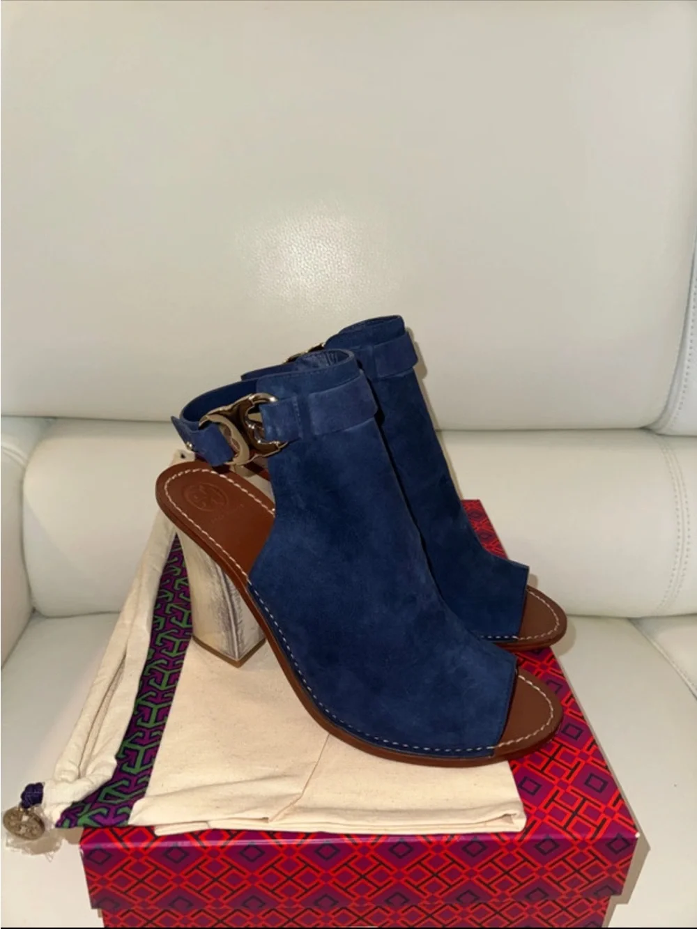 TORY BURCH NAVY SUEDE OPEN TOE BLOCK HEELS